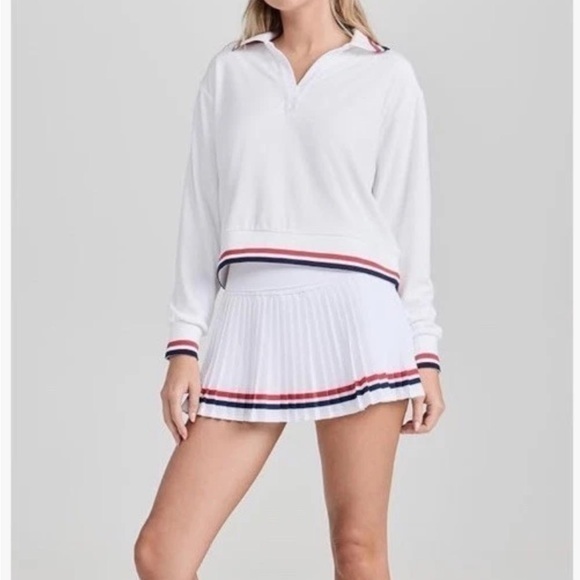 Beach Riot Tops - Beach Riot White Long Sleeve Terry Polo with Striped Trim